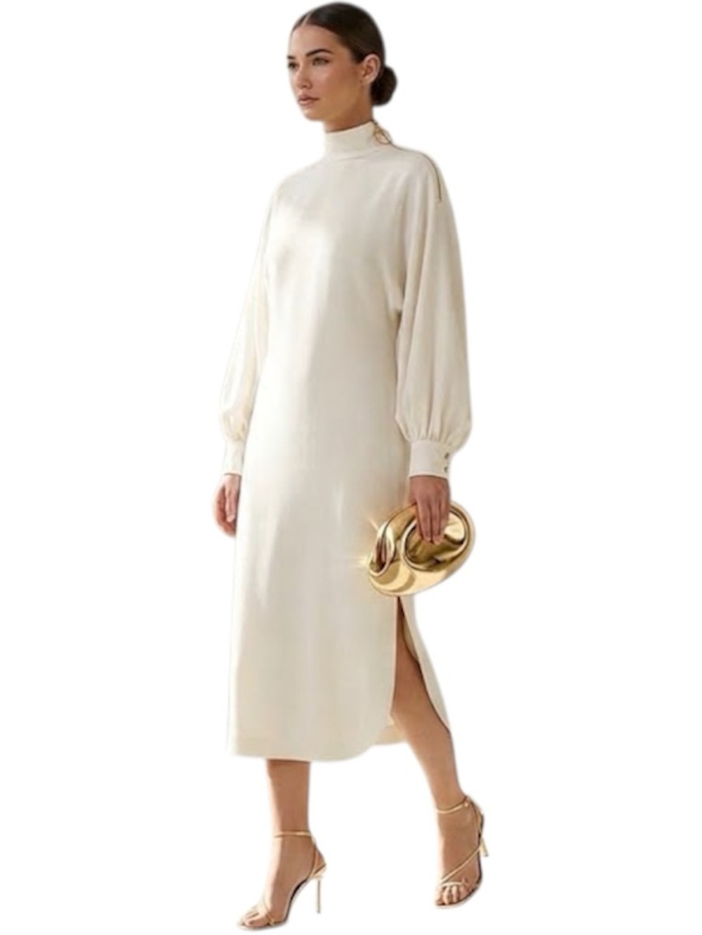 ST. JOHN SILK MINIMALIST BALLOON SLEEVES DRESS IN ALABASTER NWT